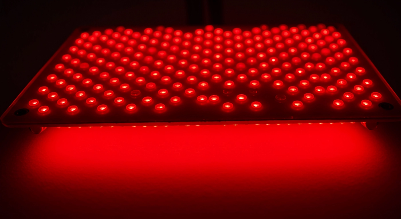 Hey Body - Rotlicht Anwendung/Therapie - Leuchtend rotes LED-Therapiepanel, das intensiv mit therapeutischem Licht leuchtet und Heilung und Wohlbefinden in einem modernen, professionellen Umfeld fördert